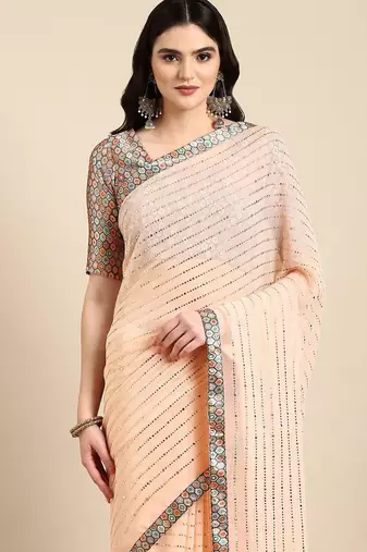 peach embellished beads & stones pure georgette heavy work saree