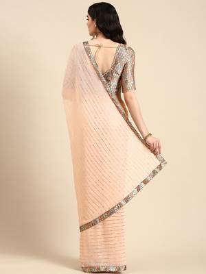 peach embellished beads & stones pure georgette heavy work saree 3