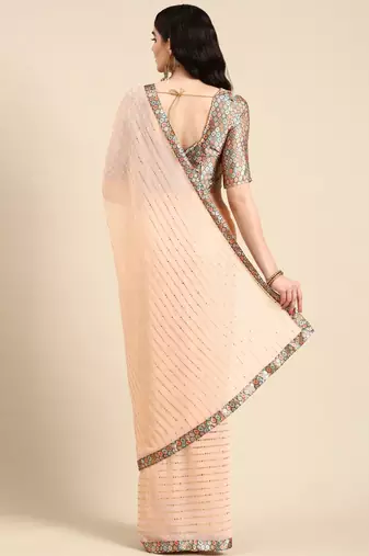 peach embellished beads & stones pure georgette heavy work saree