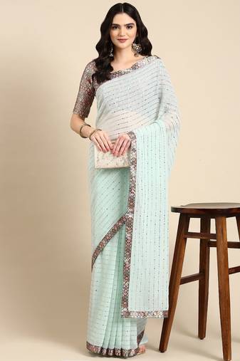 sea_green embellished beads & stones pure georgette heavy work saree