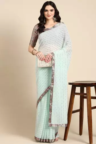 sea_green embellished beads & stones pure georgette heavy work saree