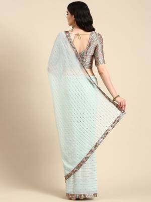 sea_green embellished beads & stones pure georgette heavy work saree 3