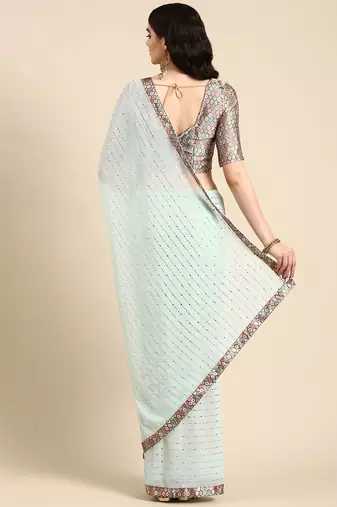 sea_green embellished beads & stones pure georgette heavy work saree