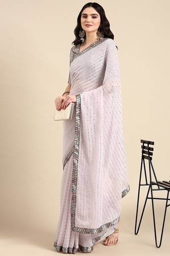 pink embellished beads & stones pure georgette heavy work saree