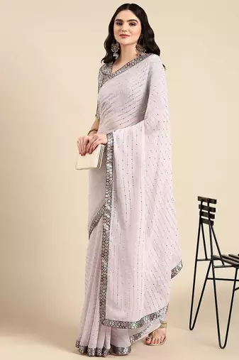 pink embellished beads & stones pure georgette heavy work saree