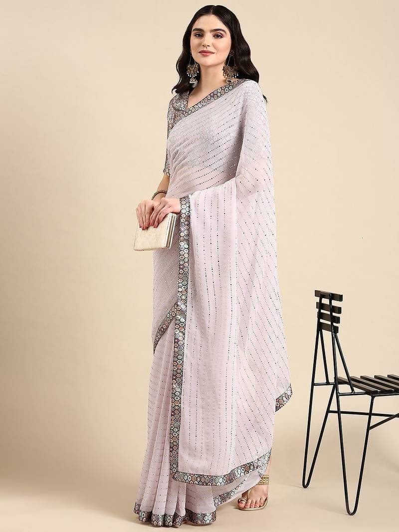 pink embellished beads & stones pure georgette heavy work saree