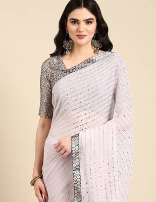 pink embellished beads & stones pure georgette heavy work saree 2