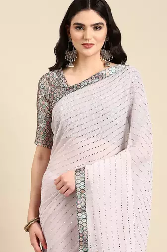 pink embellished beads & stones pure georgette heavy work saree