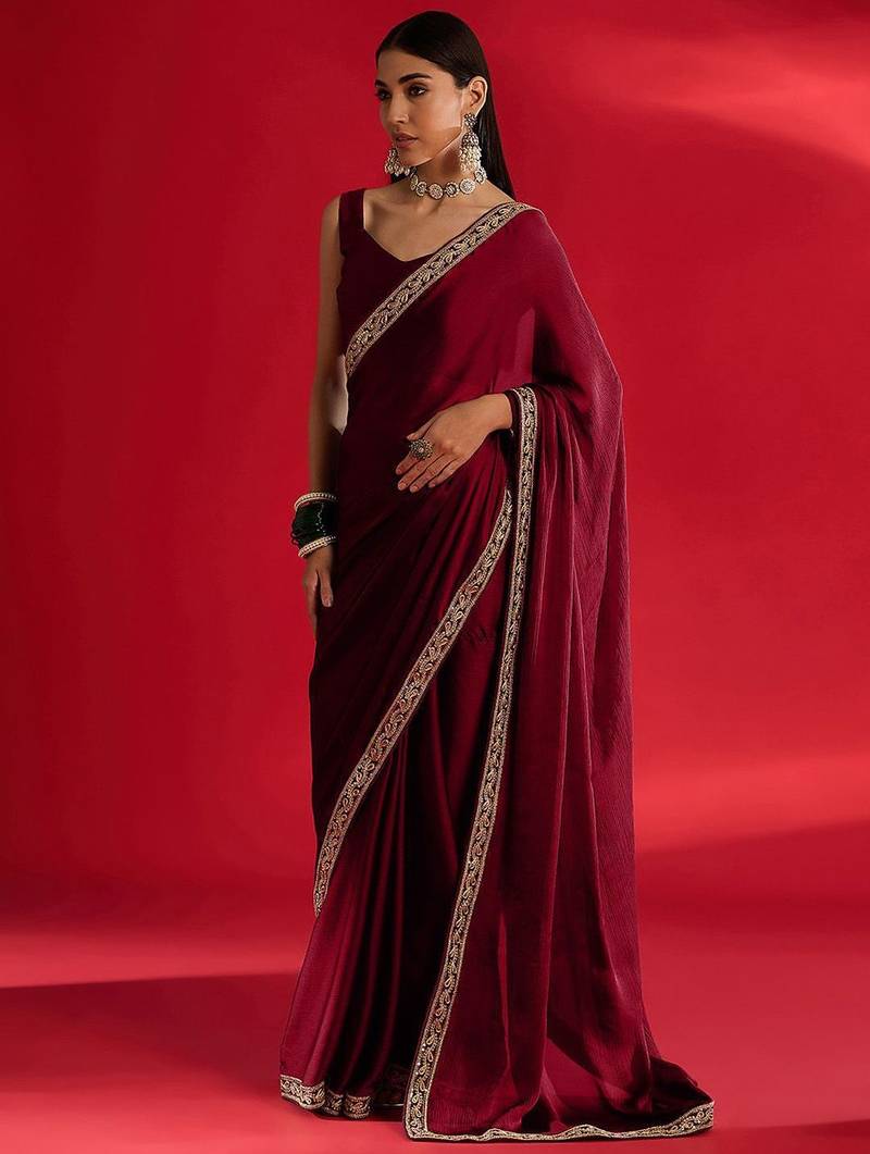 maroon embroidered satin saree