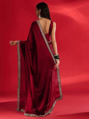 maroon embroidered satin saree 2