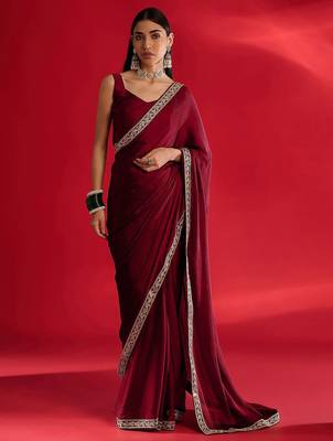 maroon embroidered satin saree 3