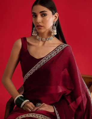 maroon embroidered satin saree 5