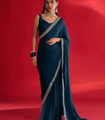 blue embroidered satin saree