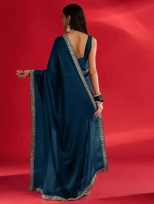 blue embroidered satin saree 2