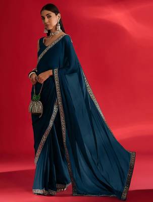 blue embroidered satin saree 3