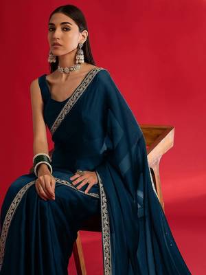 blue embroidered satin saree 4