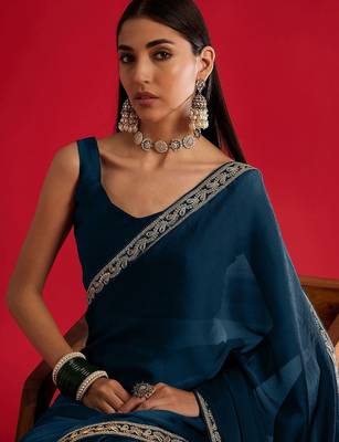 blue embroidered satin saree 5