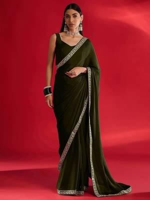 olive embroidered satin saree 1