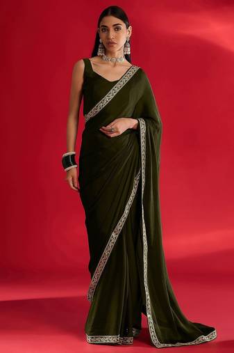 olive embroidered satin saree