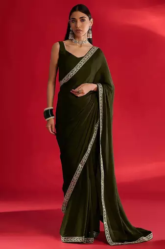 olive embroidered satin saree