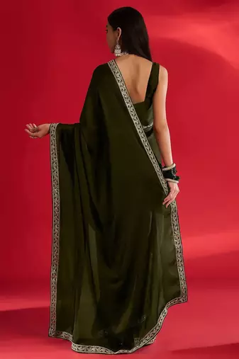 olive embroidered satin saree