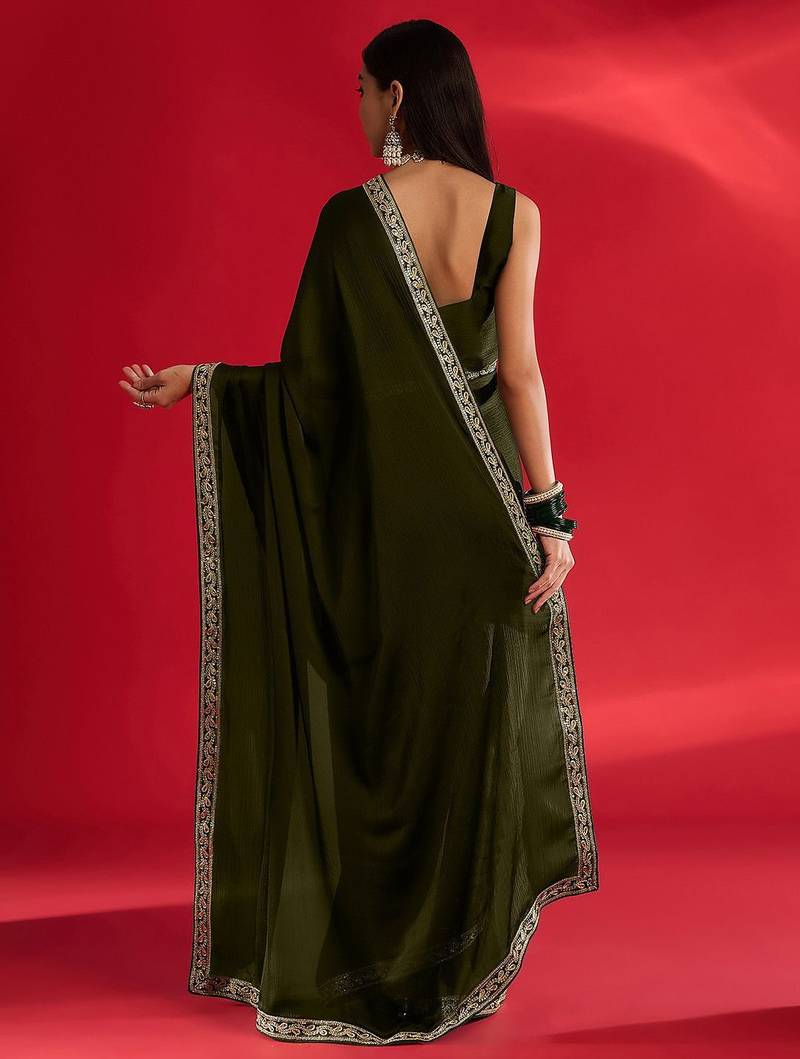 olive embroidered satin saree
