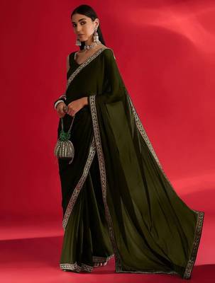 olive embroidered satin saree 3