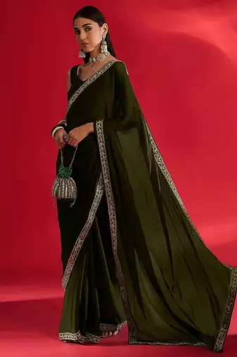 olive embroidered satin saree