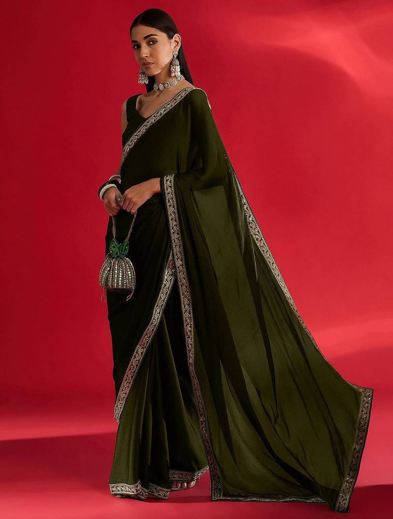 olive embroidered satin saree