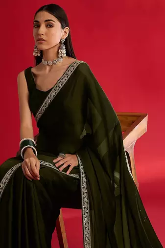 olive embroidered satin saree