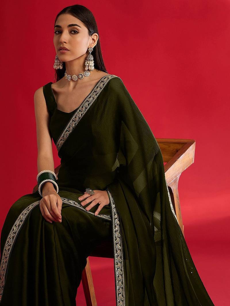 olive embroidered satin saree