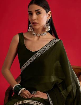 olive embroidered satin saree 5