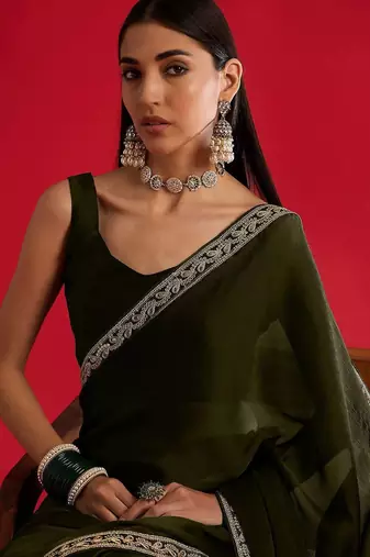 olive embroidered satin saree