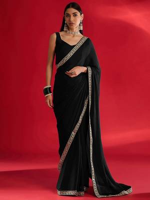 black embroidered satin saree 1