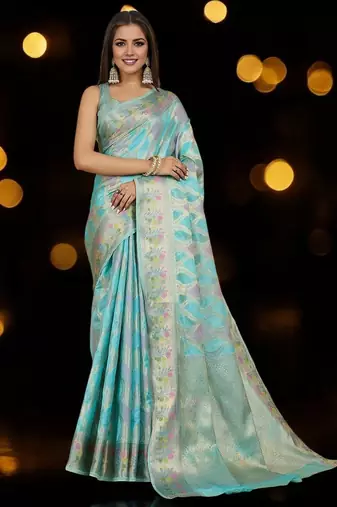 blue woven design zari organza banarasi saree