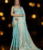 blue woven design zari organza banarasi saree