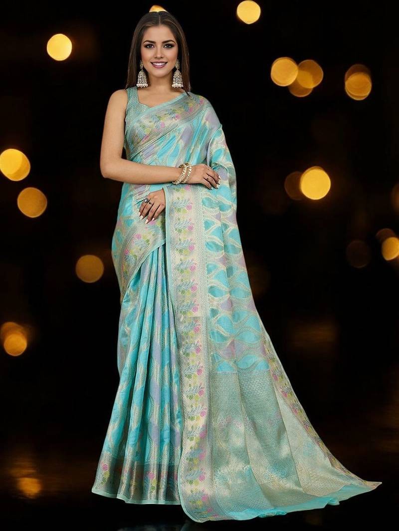 blue woven design zari organza banarasi saree