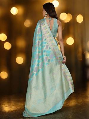 blue woven design zari organza banarasi saree 2