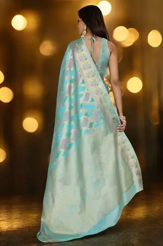 blue woven design zari organza banarasi saree
