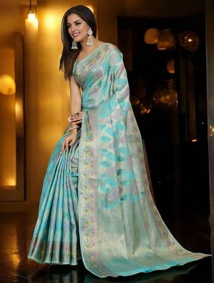 blue woven design zari organza banarasi saree 3