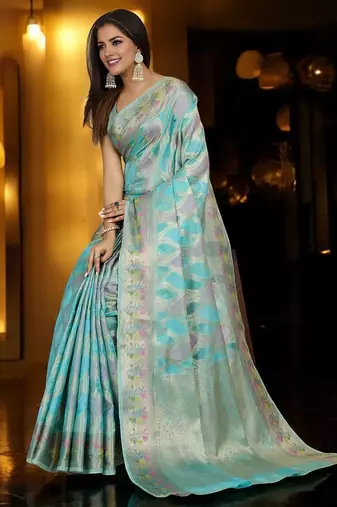 blue woven design zari organza banarasi saree