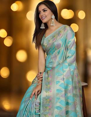 blue woven design zari organza banarasi saree 4