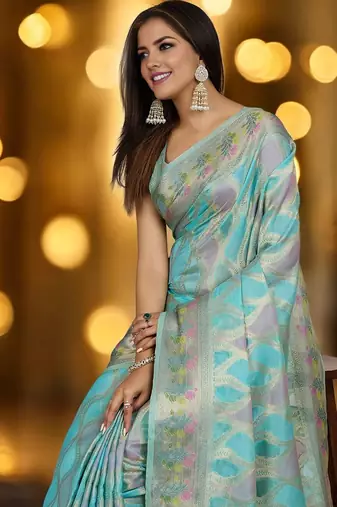 blue woven design zari organza banarasi saree
