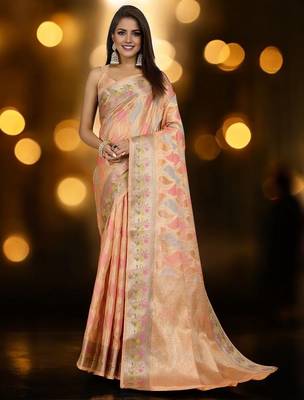 peach ethnic motifs woven design zari organza banarasi saree 1