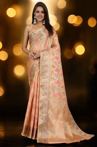 peach ethnic motifs woven design zari organza banarasi saree