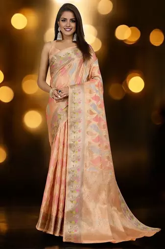 peach ethnic motifs woven design zari organza banarasi saree