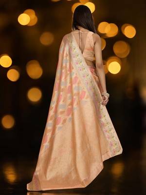 peach ethnic motifs woven design zari organza banarasi saree 2