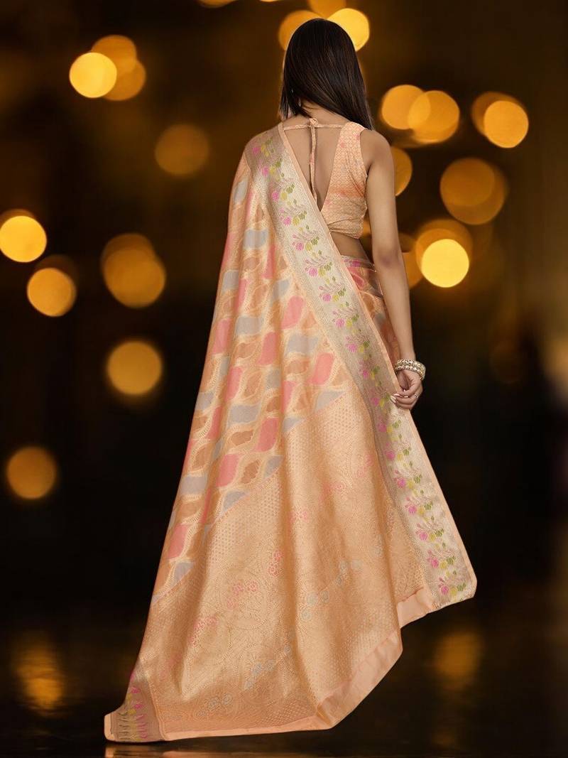 peach ethnic motifs woven design zari organza banarasi saree