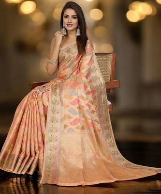 peach ethnic motifs woven design zari organza banarasi saree 3