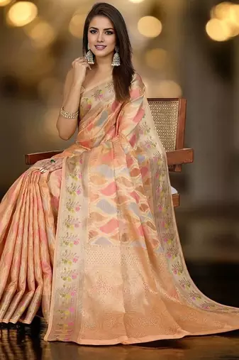peach ethnic motifs woven design zari organza banarasi saree
